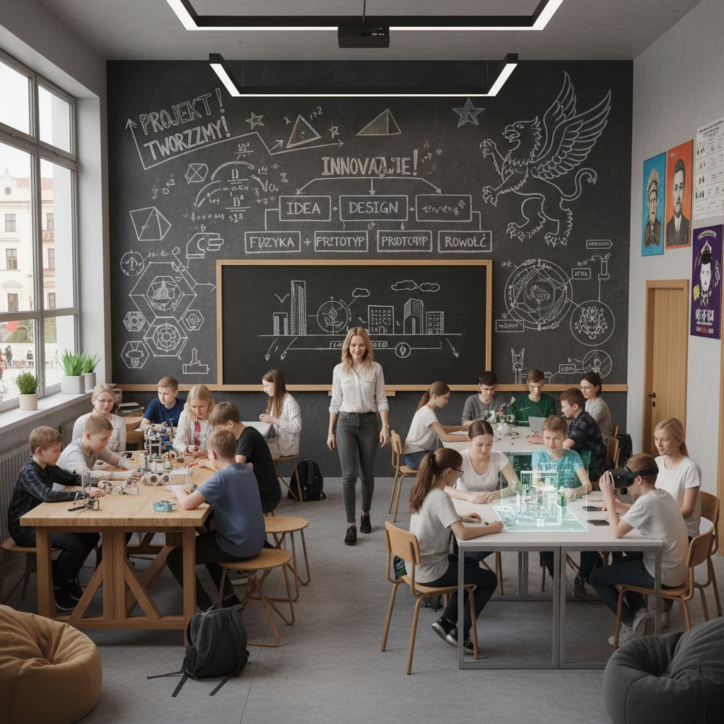 Kreatywna sala lekcyjna z tablicą pełną notatek, uczniowie w ruchu, nauczyciel wspiera eksperymenty