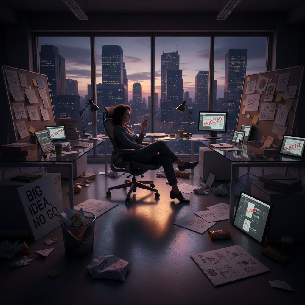 Konsultant kreatywny analizuje odrzucone projekty w nowoczesnym biurze w Warszawie