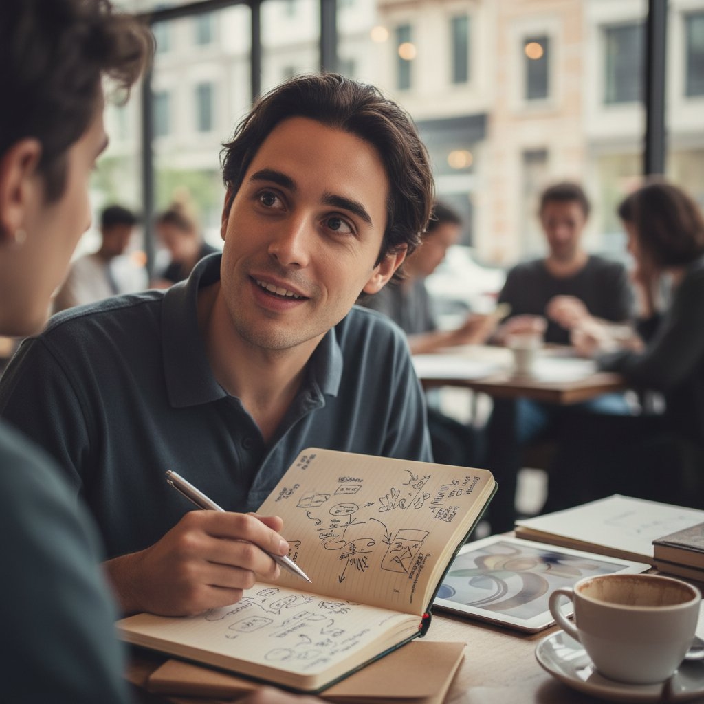 Zbliżenie na kreatywnego rozmówcę notującego inspiracje podczas intensywnej rozmowy