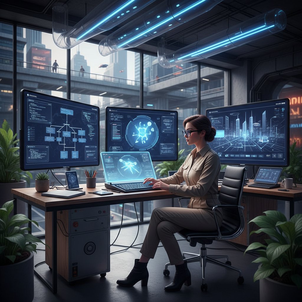 Projektant w nowoczesnym biurze korzystający z narzędzi automatyzacji do projektowania graficznego, z elementami UI i sztucznej inteligencji w tle