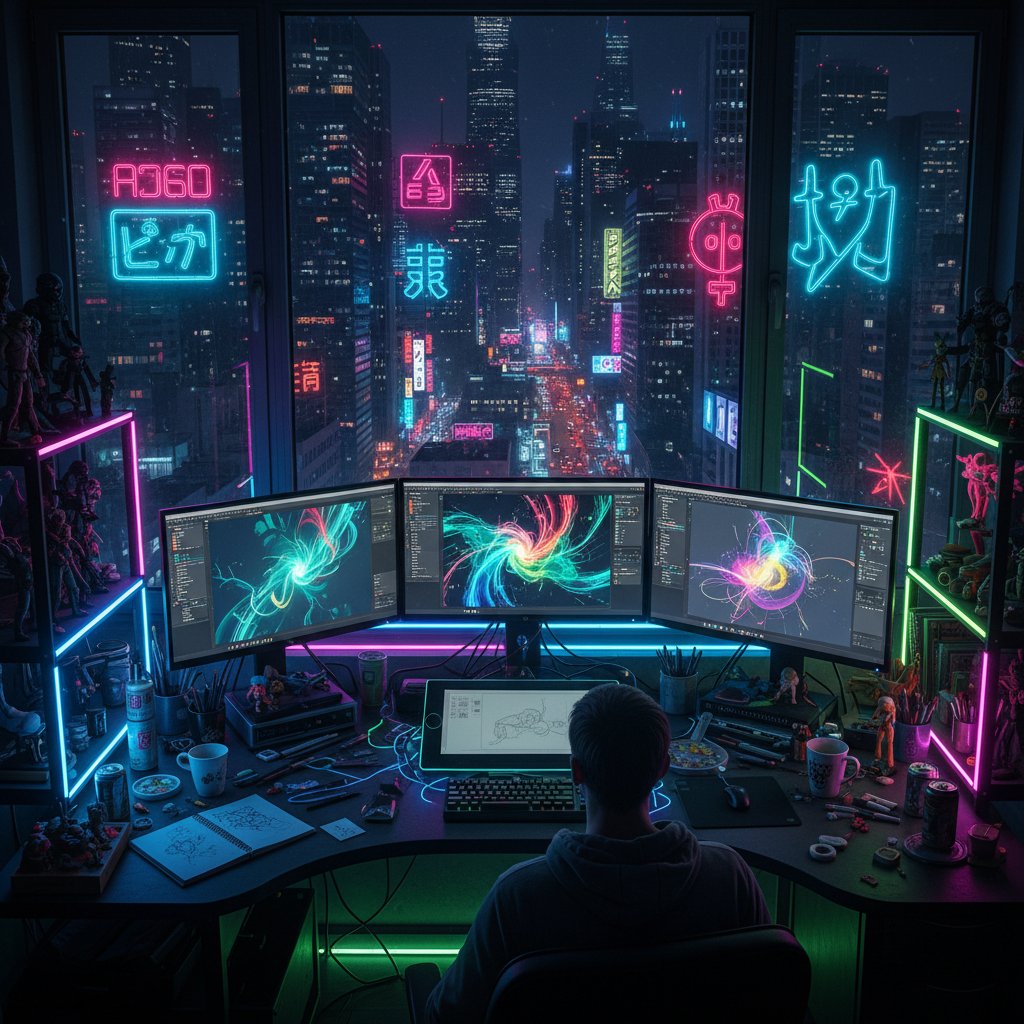 Artysta cyfrowy pracujący nocą przy kilku monitorach, otoczony neonami, tworzy dynamiczną grafikę