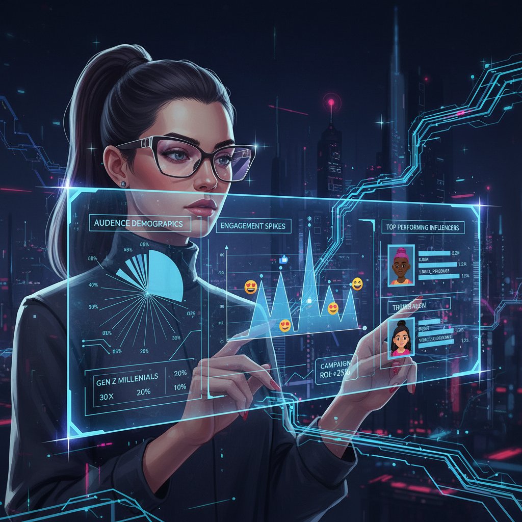 Dyrektor kreatywny analizujący dane kampanii influencerów na cyfrowym dashboardzie