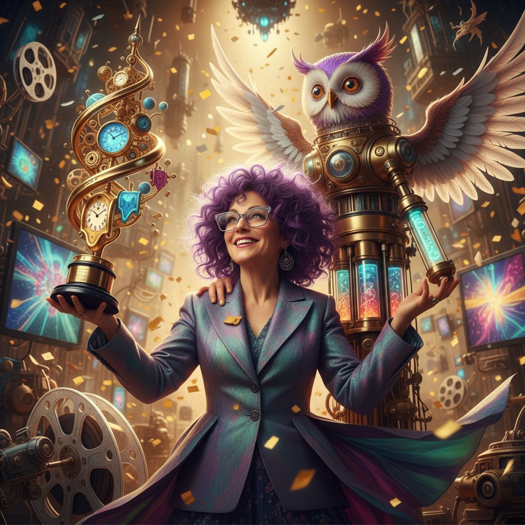 Creative filmmaker holding surreal props, symbolizing unconventional Oscar winners