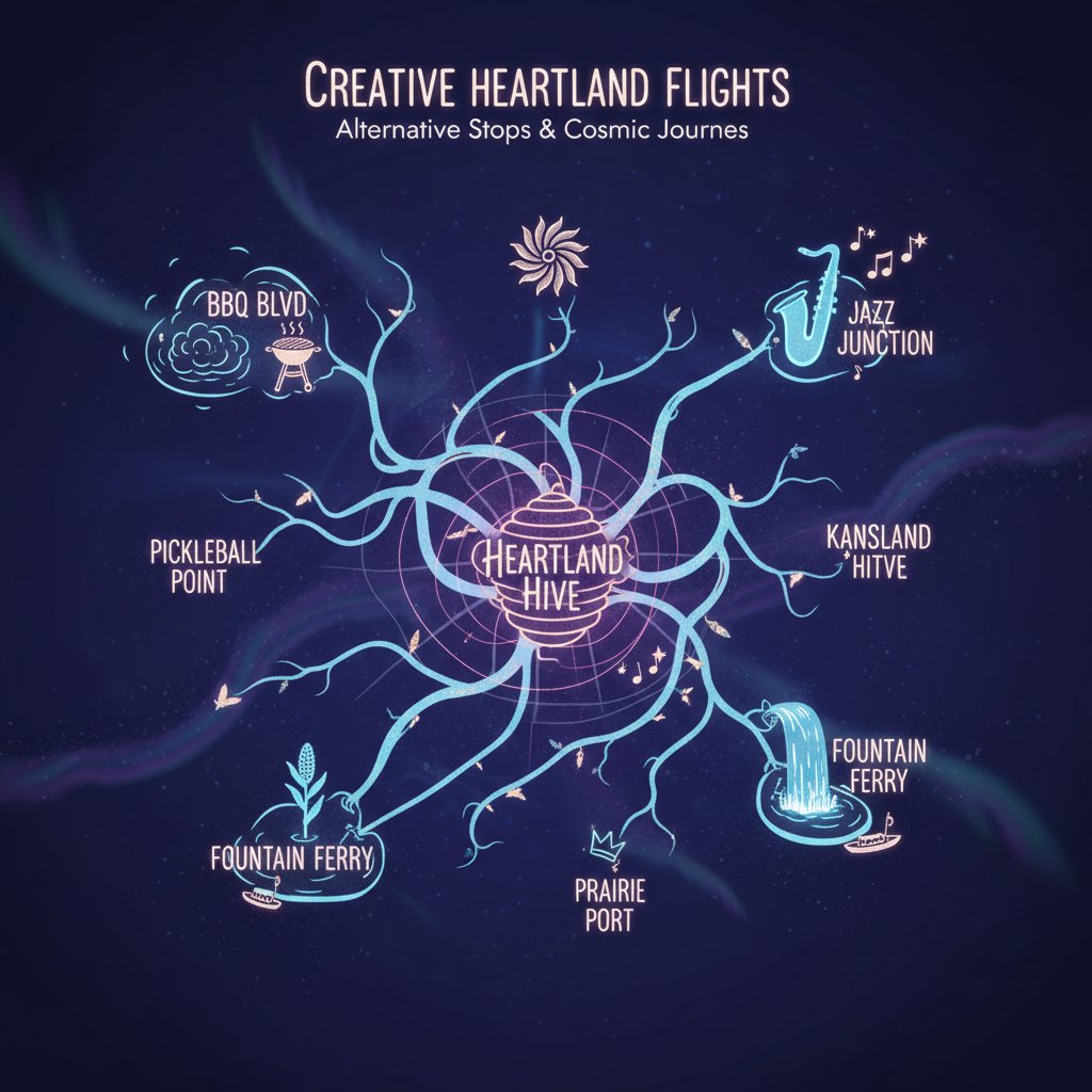 Creative flight path map to Kansas City with alternative stops, stylized colorful photo, flights to kansas city