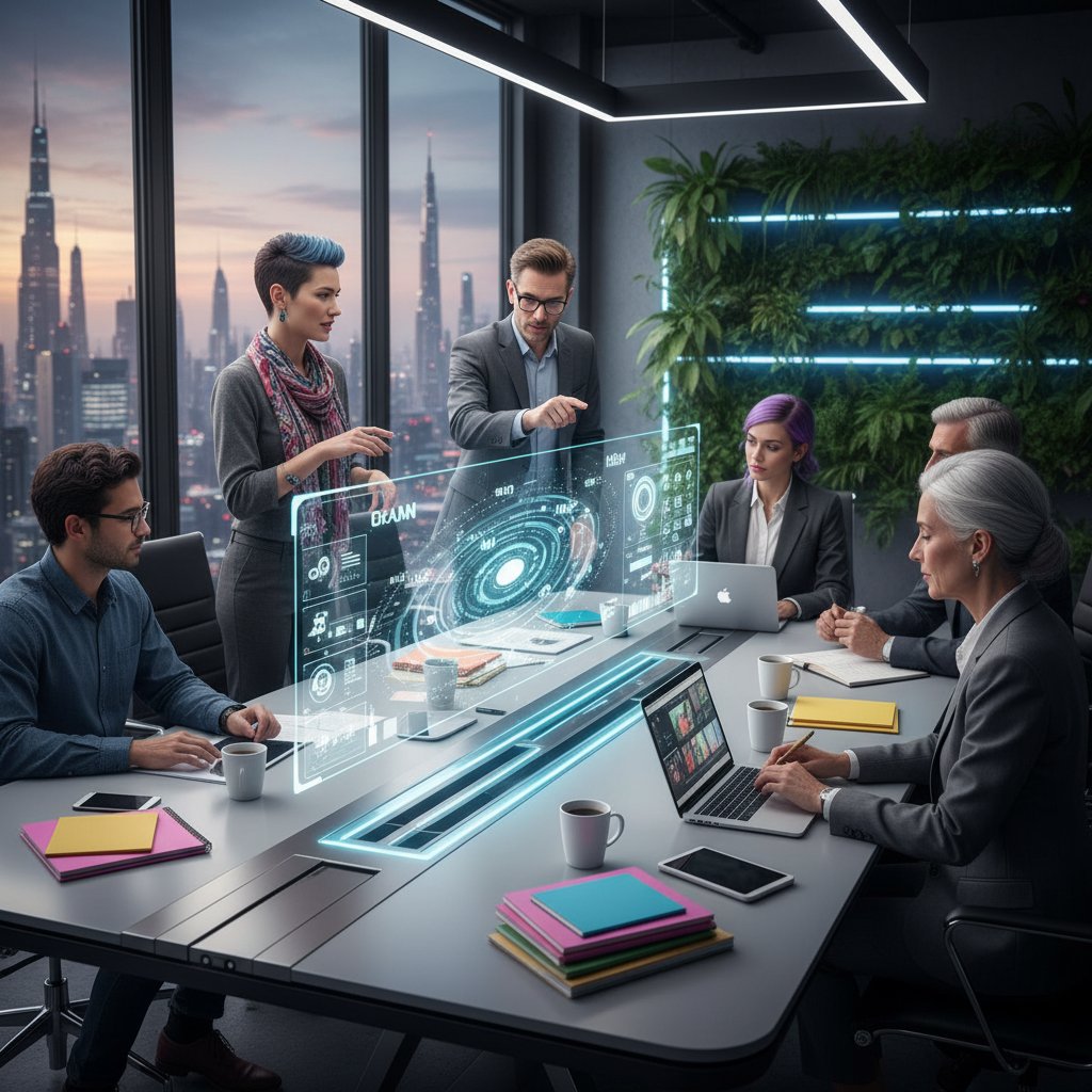 Kreatywny specjalista ds. marketingu prowadzący spotkanie zespołu pełnego różnorodnych specjalistów