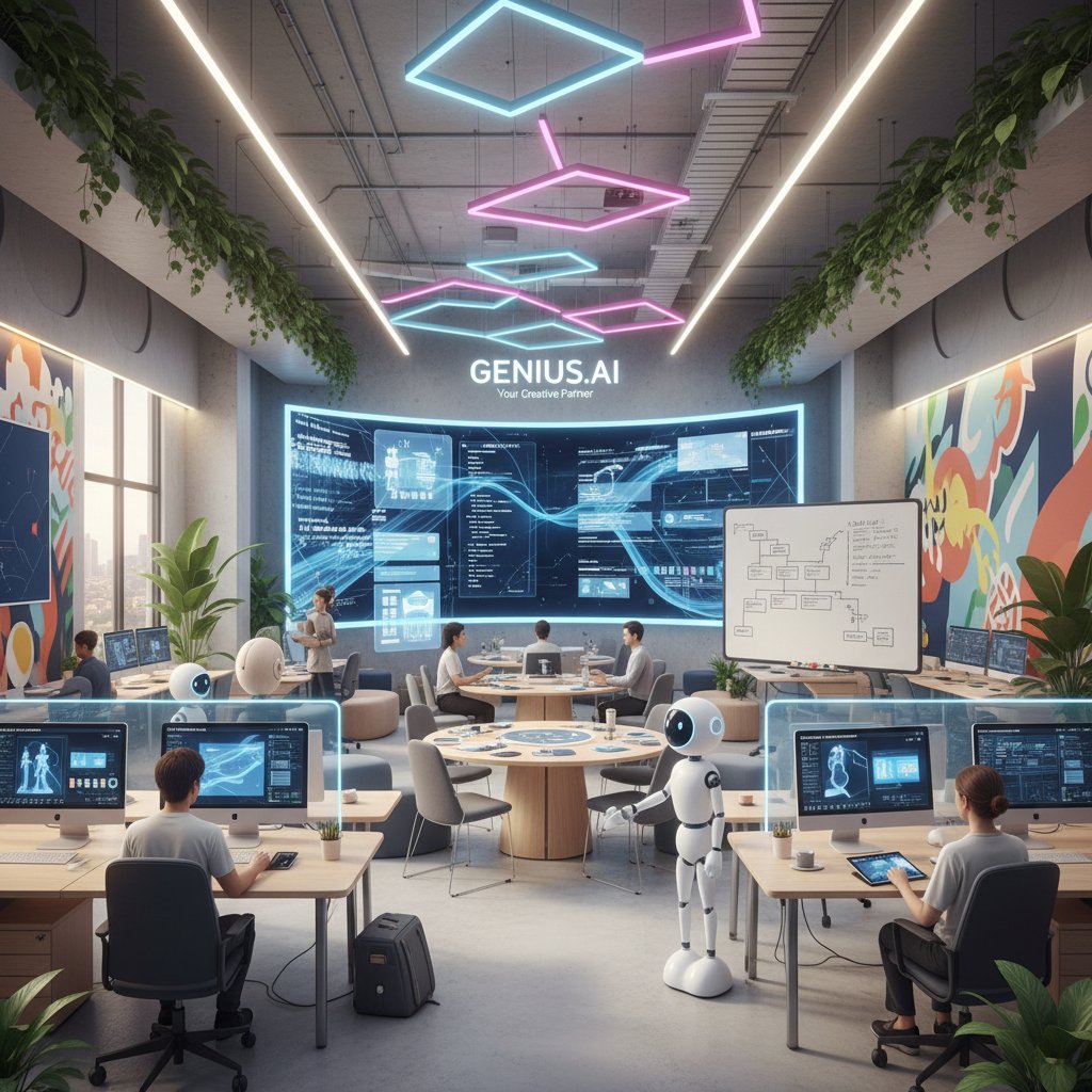 Agencja kreatywna z wirtualnym wsparciem: kolorowe biuro, pracownicy przy komputerach, na monitorach widoczne aplikacje AI, swobodna atmosfera