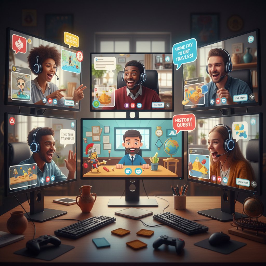 Grupa uczniów podczas kreatywnej lekcji historii online, wykorzystującej gry edukacyjne i wizualizacje
