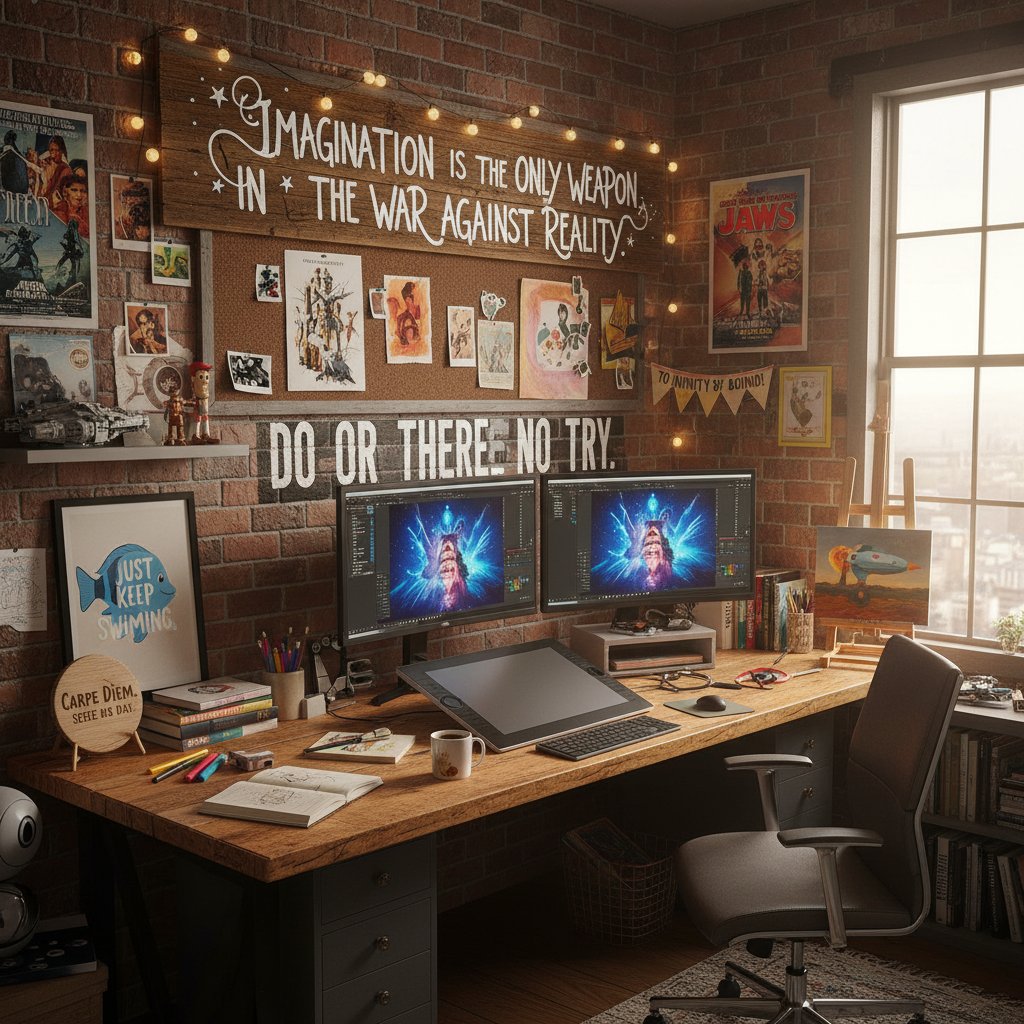 Creative person brainstorming unique movie quotes at desk