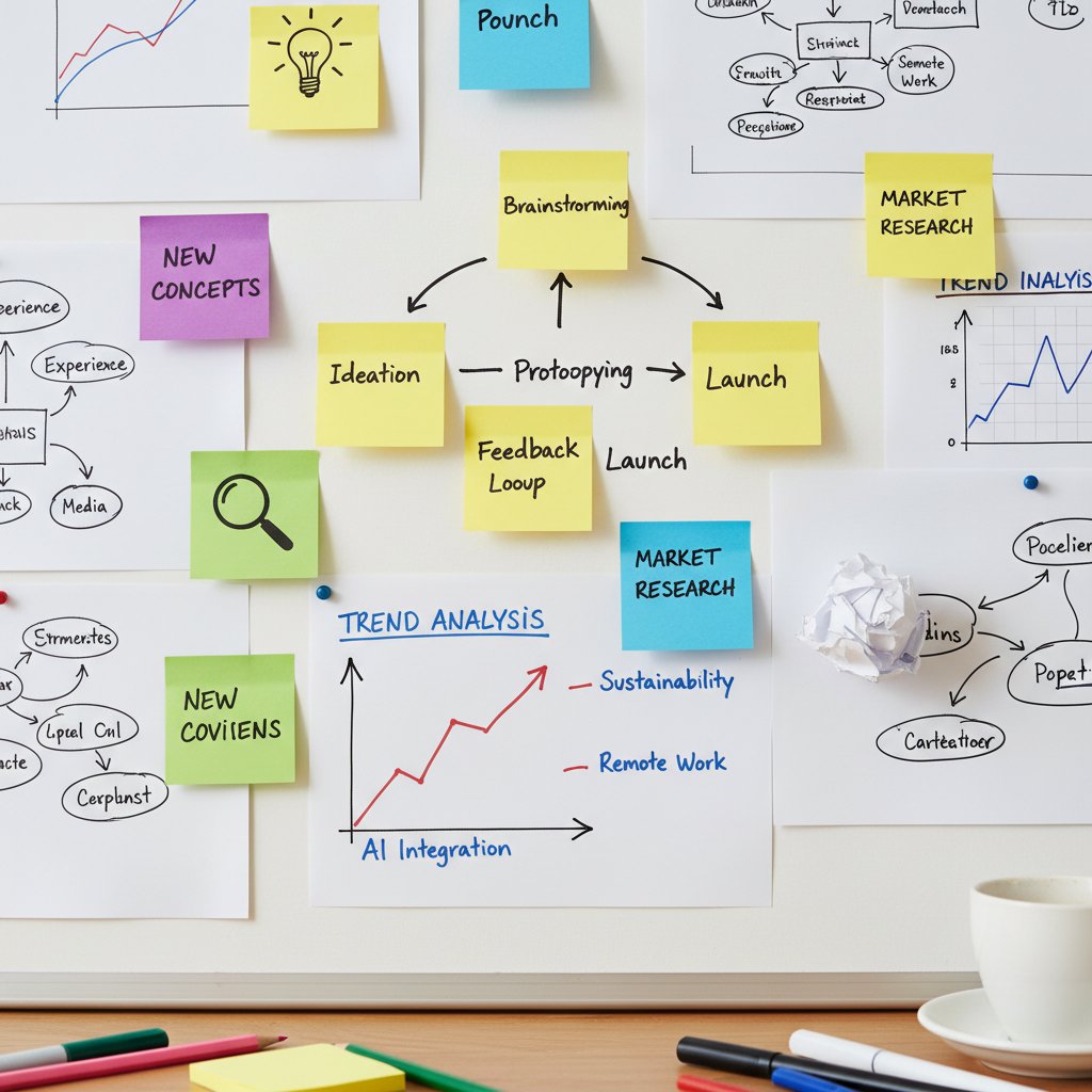 Kreatywny proces tworzenia sloganu, notatki, post-it i analiza trendów