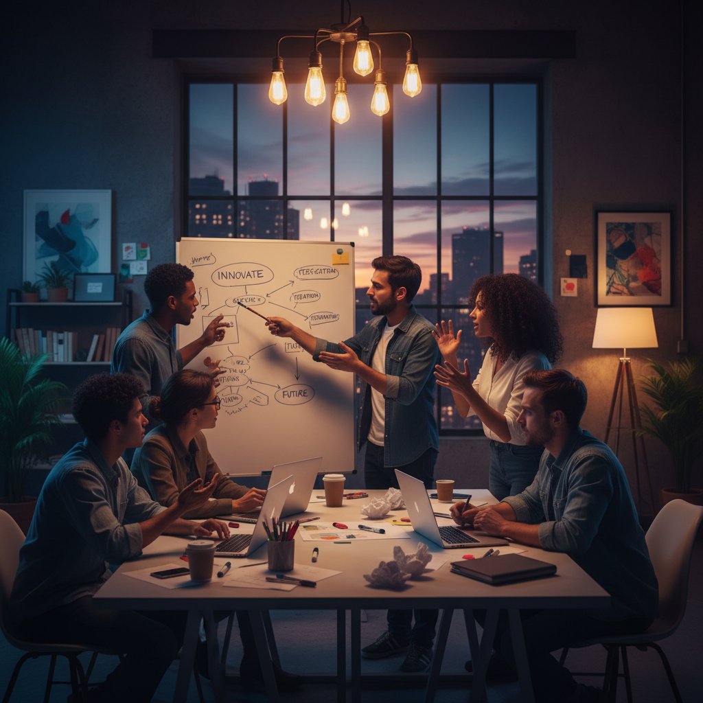 Zespół kreatywny w intensywnej burzy mózgów nad zarządzaniem produktem, dynamiczne światło, energia innowacji