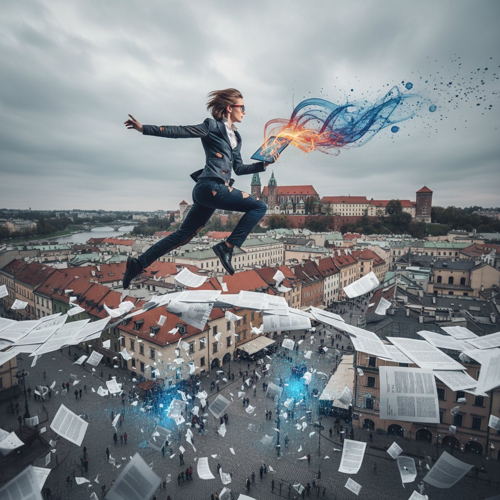 Kreatywny profesjonalista zrywający agencyjne kontrakty, na tle miejskiego pejzażu, marketing bez agencji