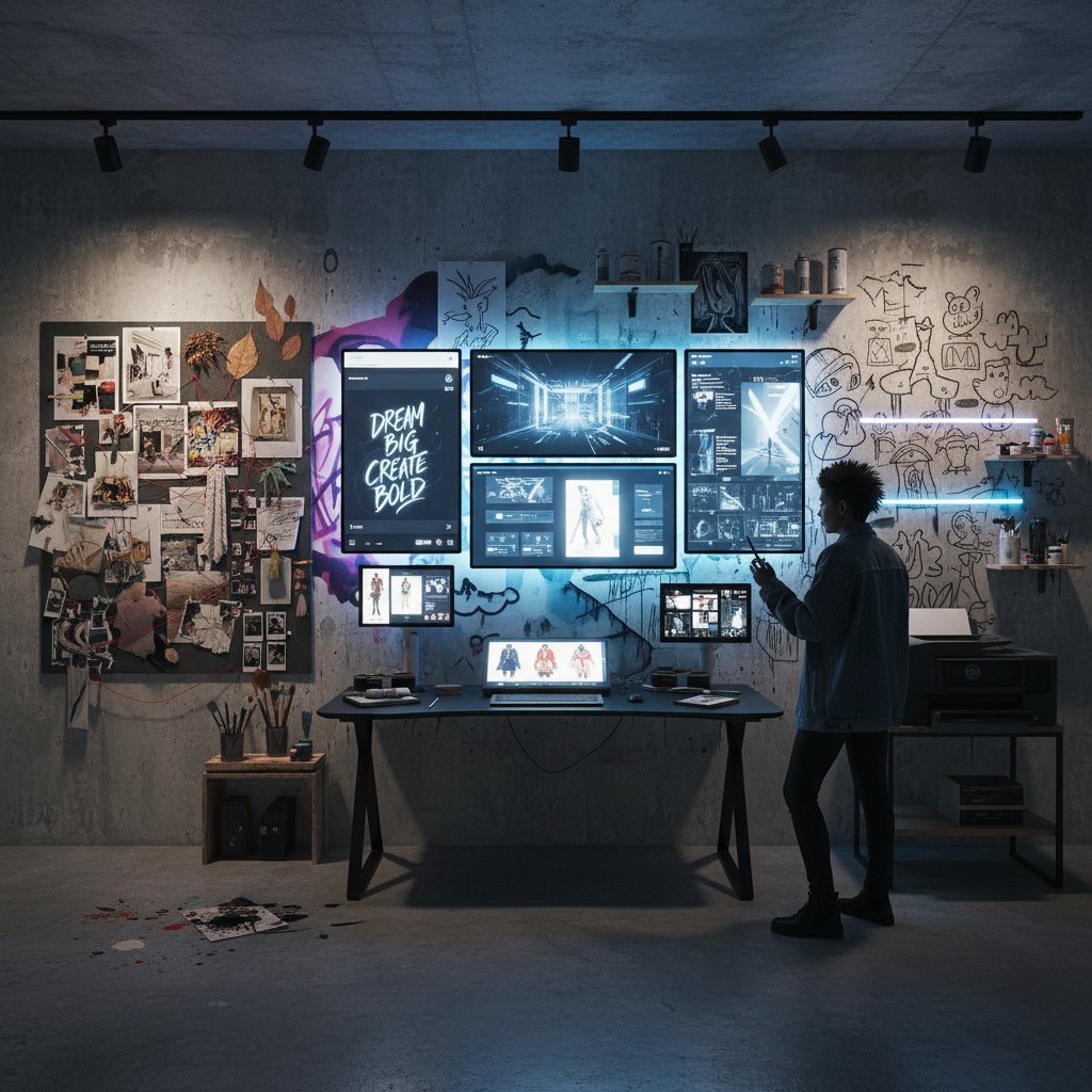 Zdjęcie przedstawiające osobę stojącą przed ścianą pełną kreatywnych szkiców i ekranów, symbolizującą kreatywność w personal brandingu