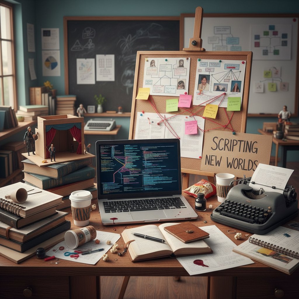 Zdjęcie kreatywnego procesu pisania scenariusza przez nauczyciela przy biurku, z notatkami i laptopem