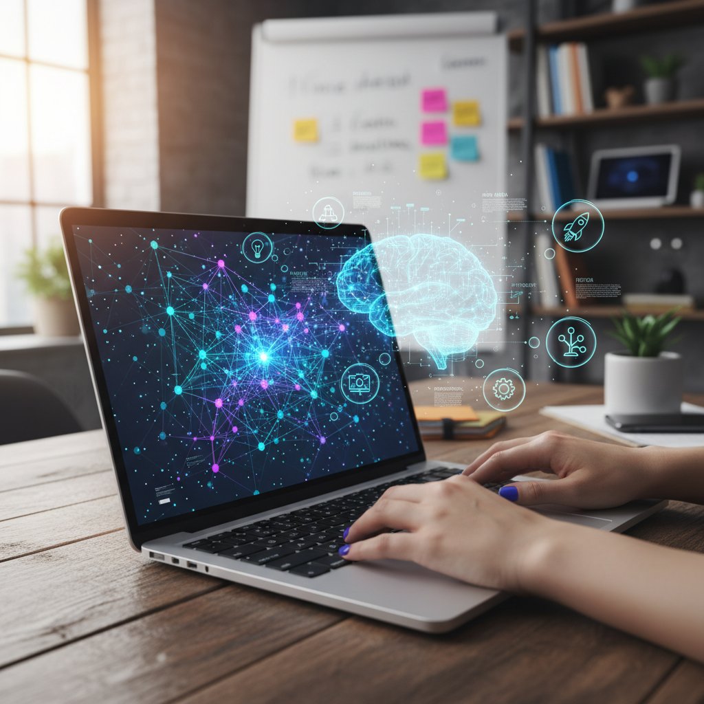 Artystyczna sesja brainstormingowa zespołu z laptopem, AI na ekranie, kreatywność i nowe pomysły