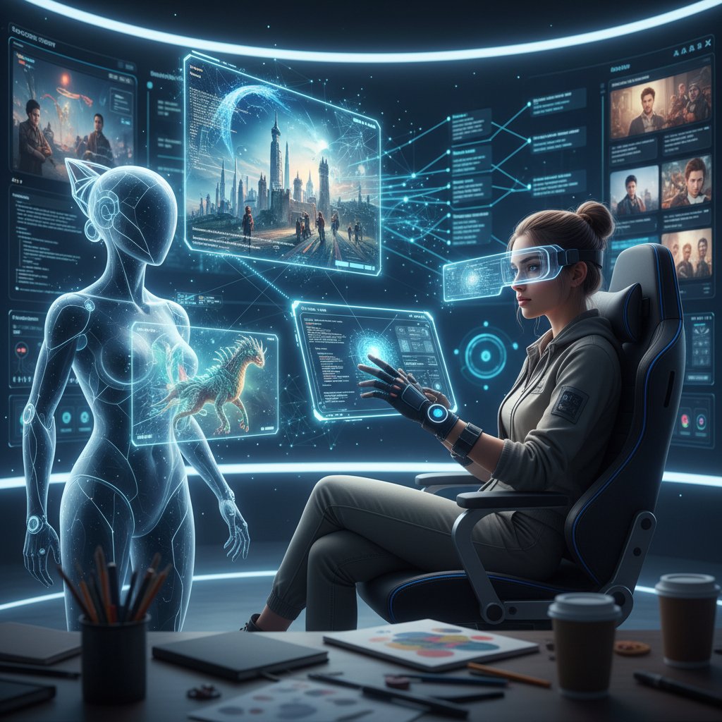 Kreatywny specjalista pracujący z AI nad nowoczesną opowieścią marketingową na laptopie