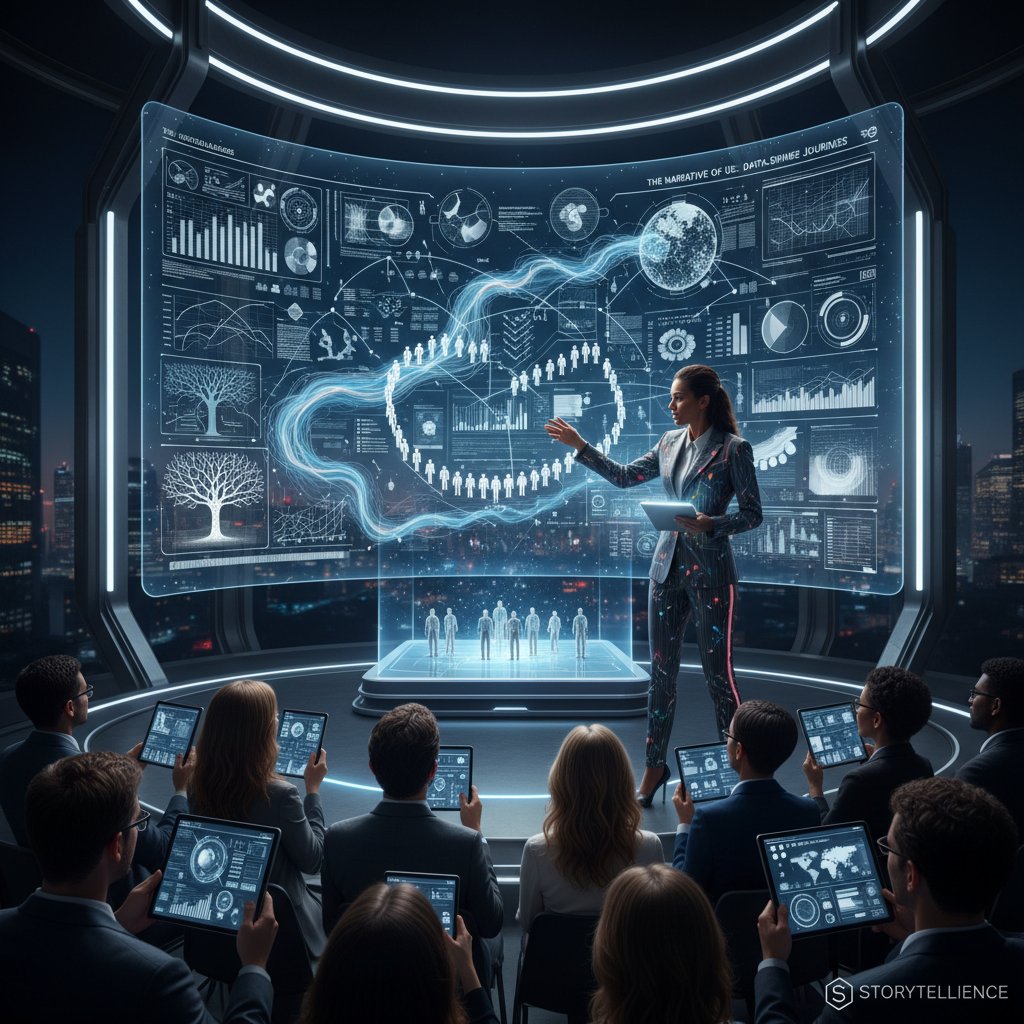 Kreatywna osoba opowiadająca historię podczas rozmowy, plansza z danymi marketingowymi