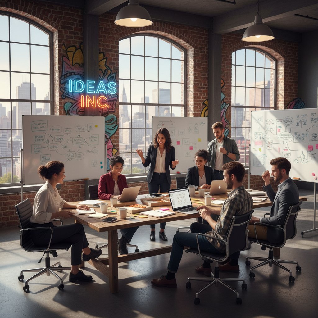 Kreatywny zespół analizuje nietypowe reklamy na tablicy w biurze. Słowo kluczowe: skuteczność kampanii reklamowej