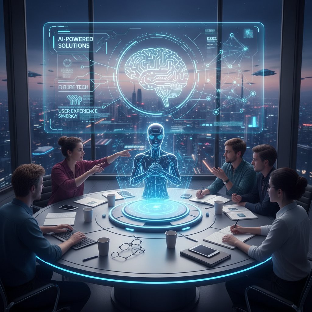 Zespół kreatywny i AI podczas wspólnej burzy mózgów nad nowym projektem