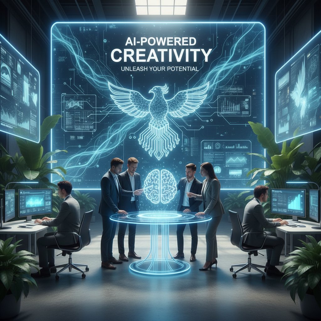 Zespół kreatywny pracujący z AI nad sloganem marki, innowacyjny marketing