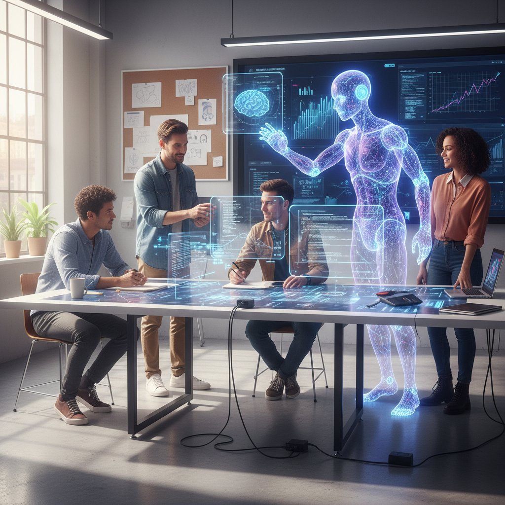 Creative team working seamlessly with AI assistant, illustrating the impact of an email assistant in project management