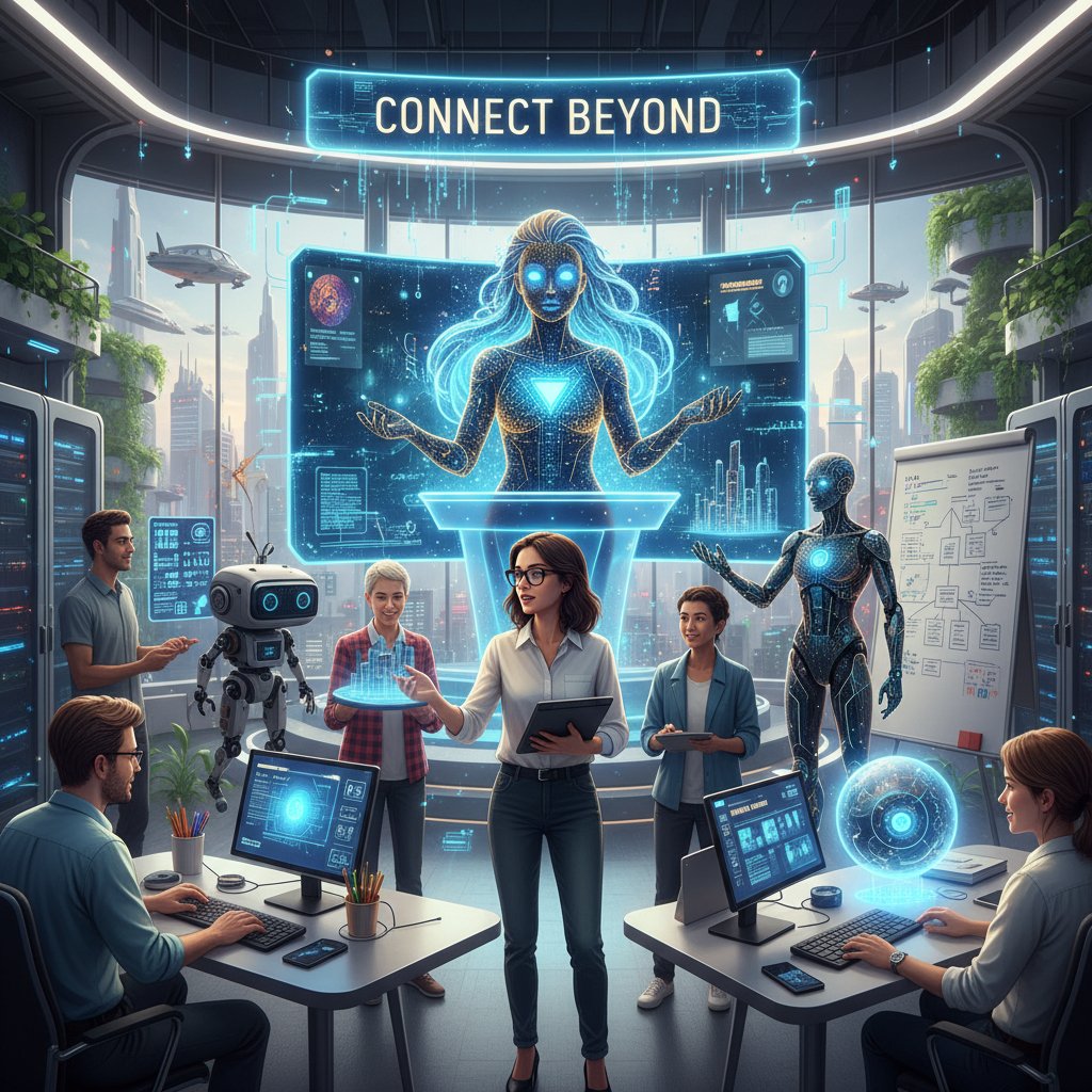 Zespół kreatywny pracujący razem z cyfrowym awatarem AI nad kampanią komunikacyjną