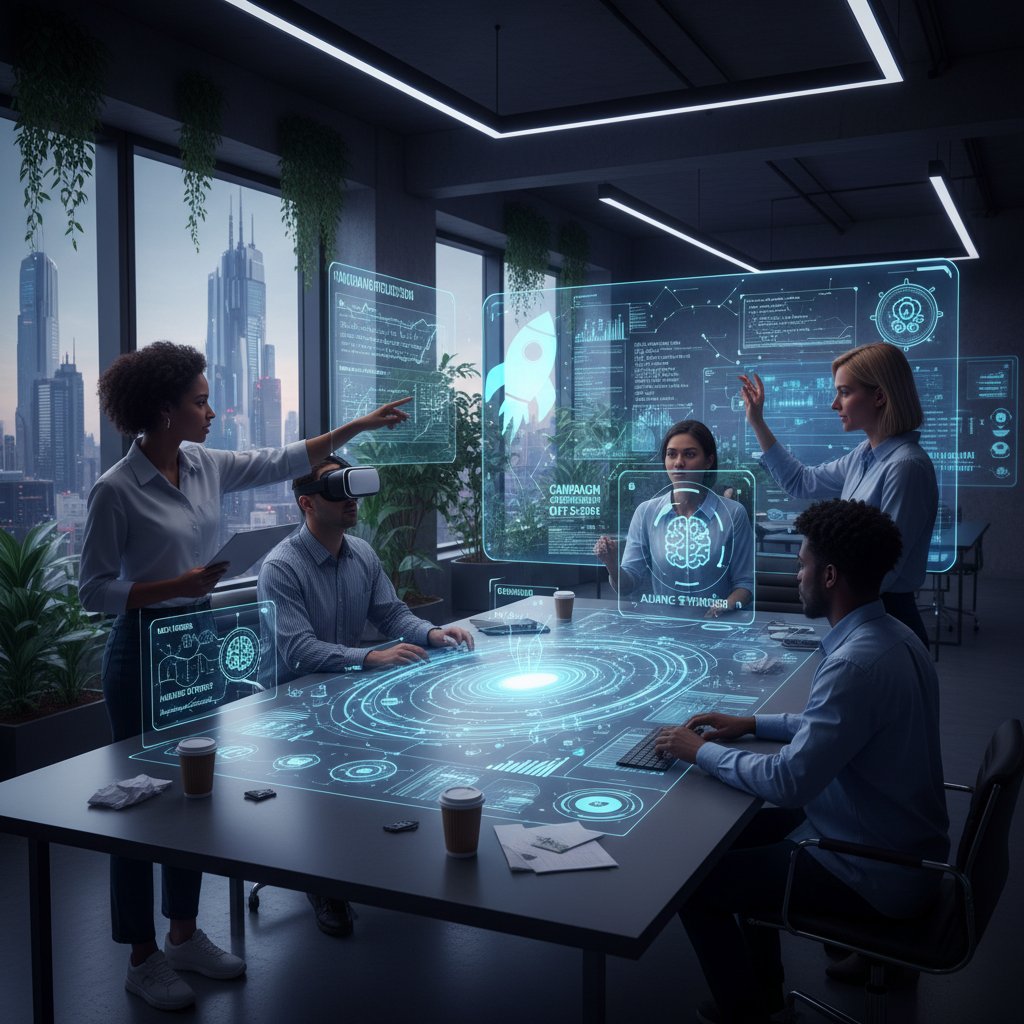 Kreatywny zespół pracujący z AI nad koncepcją kampanii, skupieni przy stole pełnym notatek