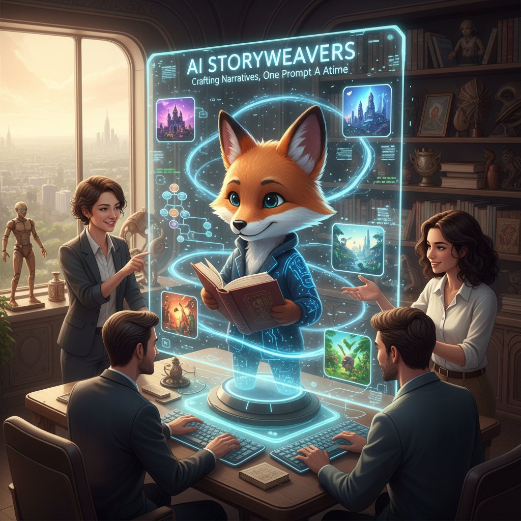 Zespół kreatywny z AI chatbotem na ekranie komputera, wspólnie tworzący opowieści i treści reklamowe