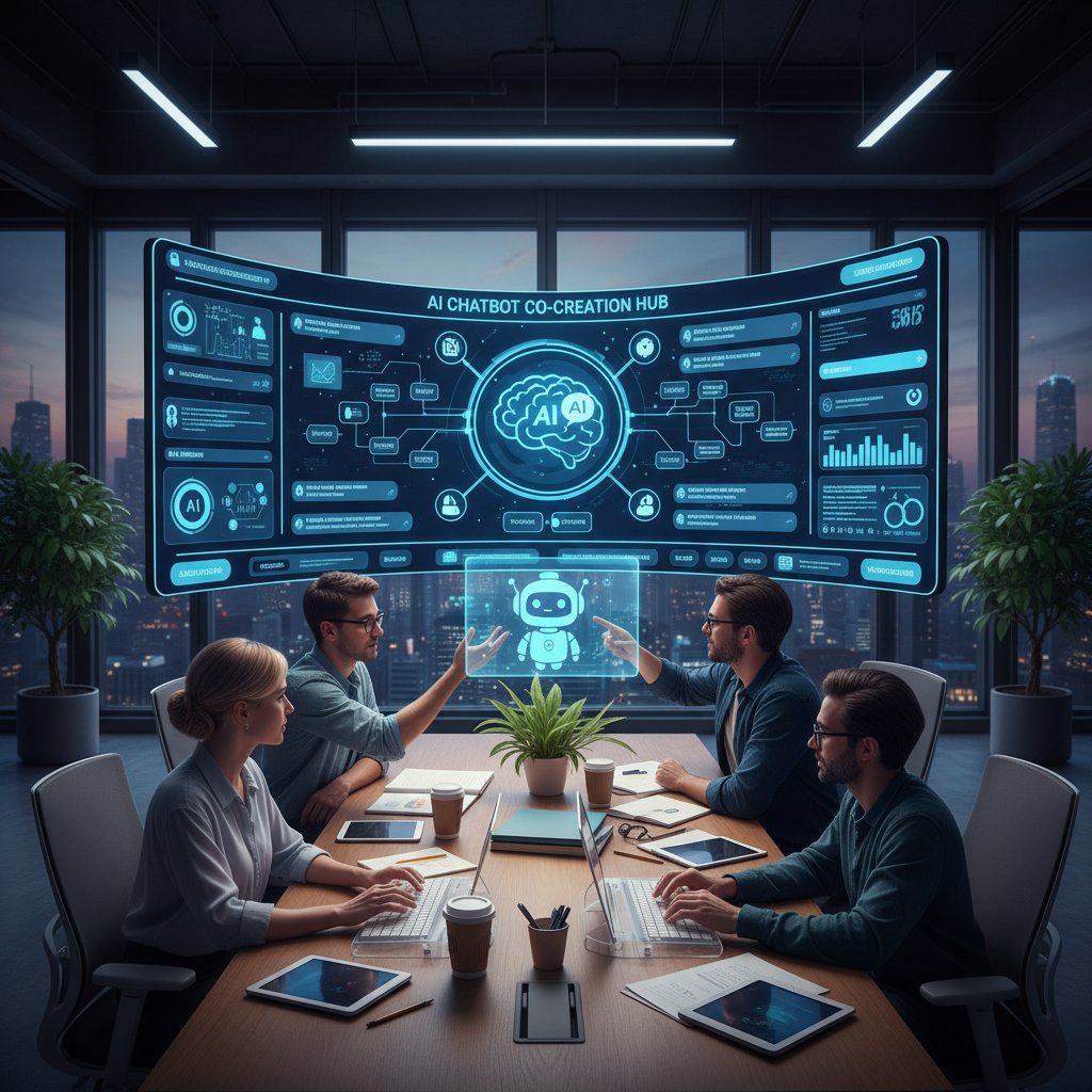 Zespół kreatywny dyskutujący przy stole, obok ekran z danymi AI chatbota