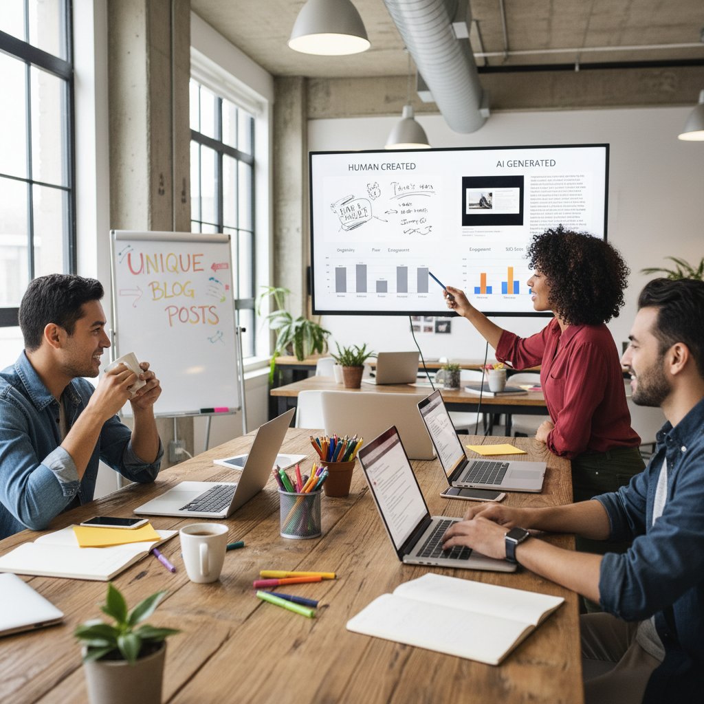 Zespół kreatywny porównujący różne teksty AI na ekranach laptopów