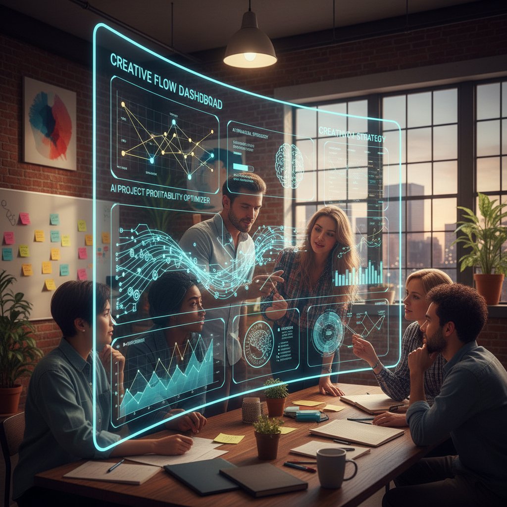 Creative team collaborating with AI-powered budgeting dashboard in agency environment