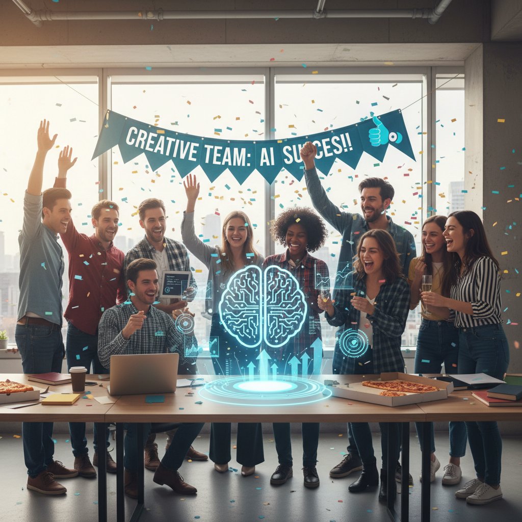 Zespół projektowy świętujący zakończony sukcesem projekt z wykorzystaniem AI, sala pełna energii i kreatywności