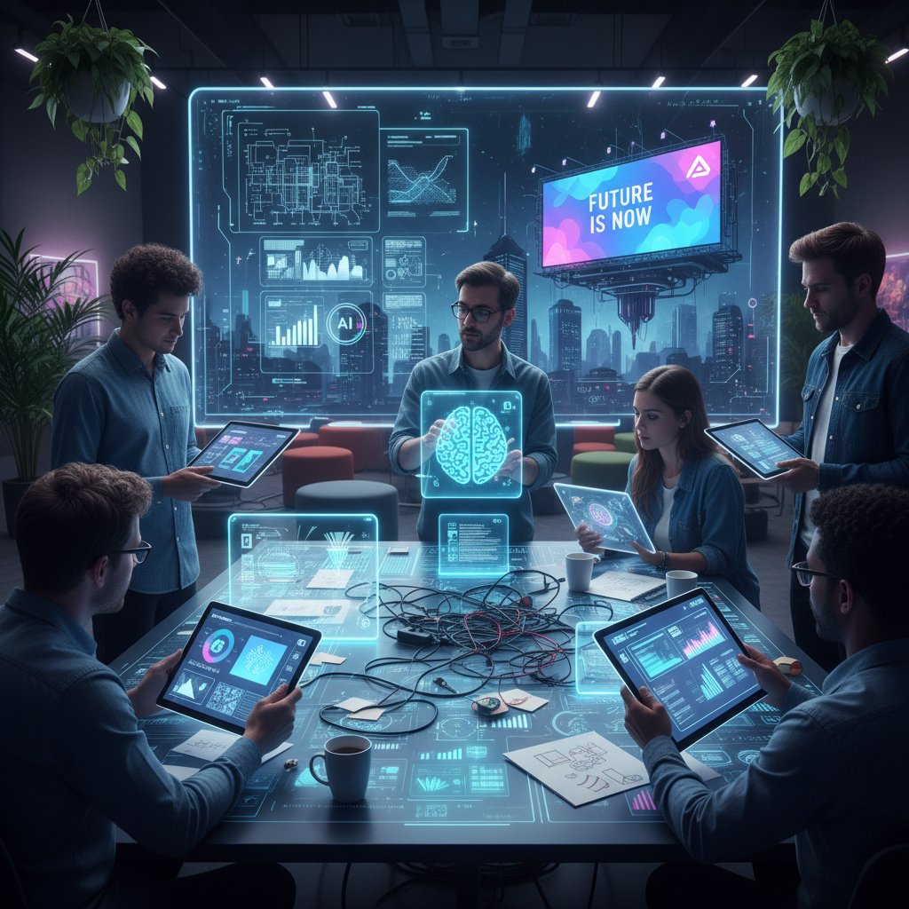 Zespół kreatywny korzystający z AI do projektowania kampanii reklamowej – automatyzacja pracy kreatywnej