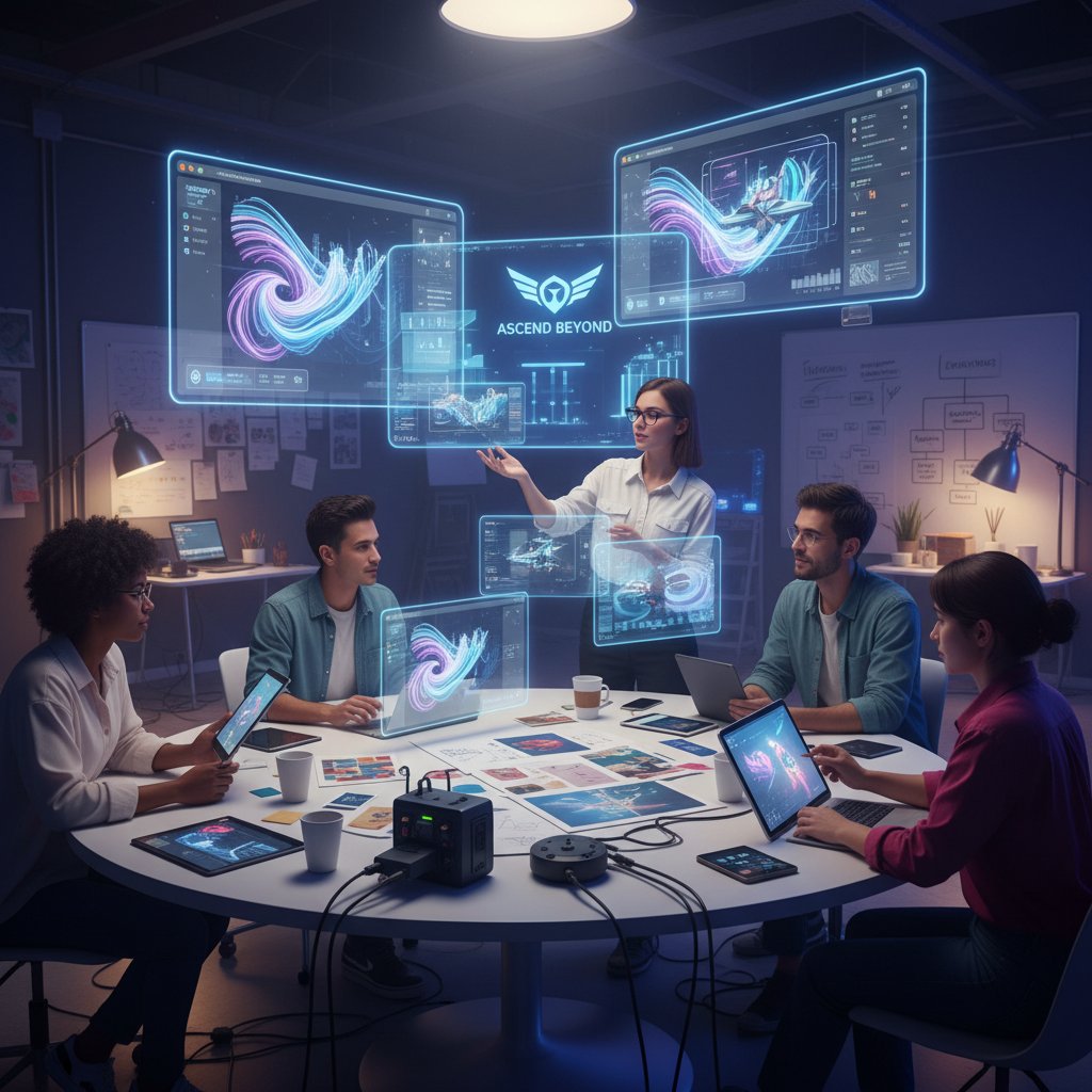 Zespół kreatywny korzystający z narzędzi AI do projektowania kampanii