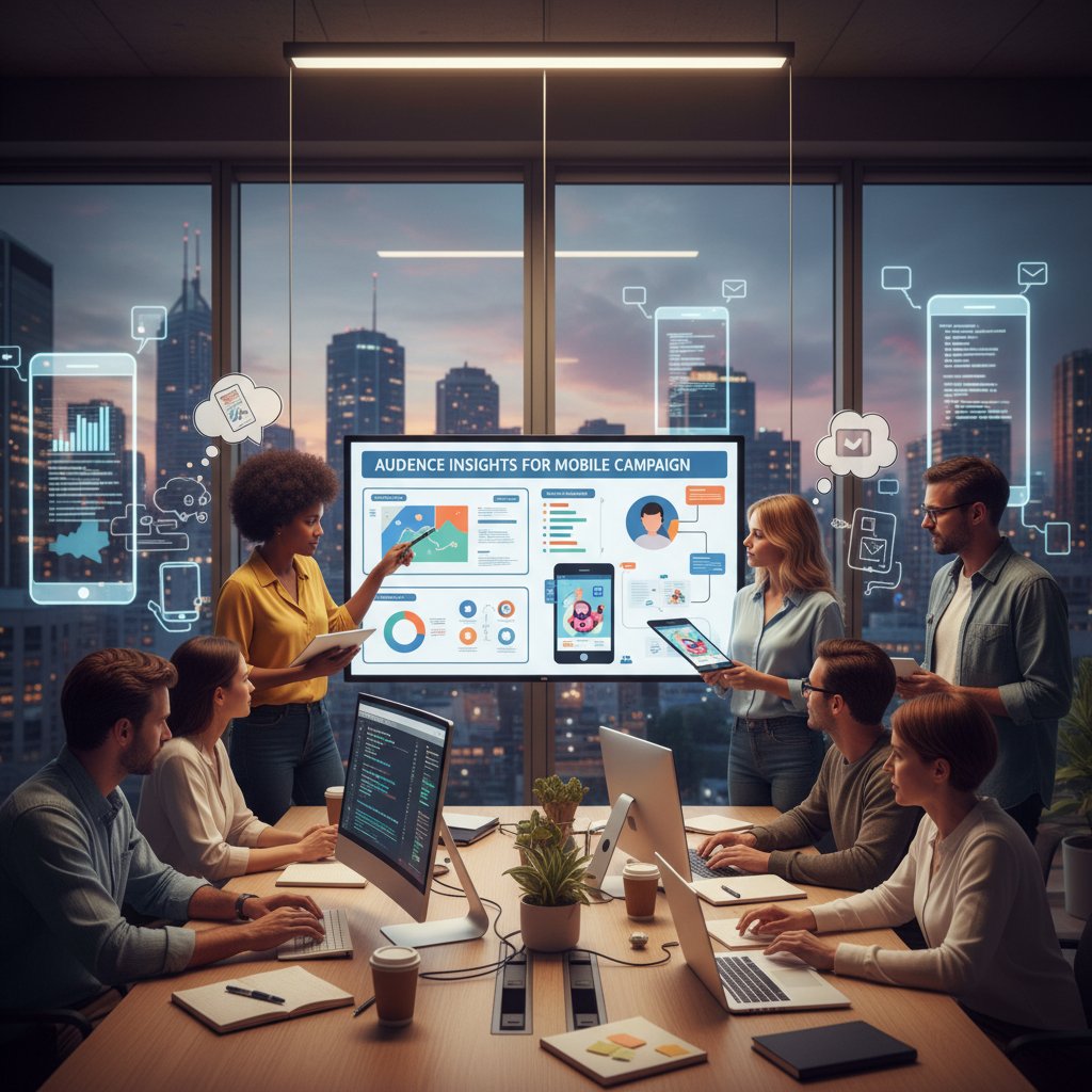 Zespół kreatywny analizujący dane odbiorców kampanii mobilnej