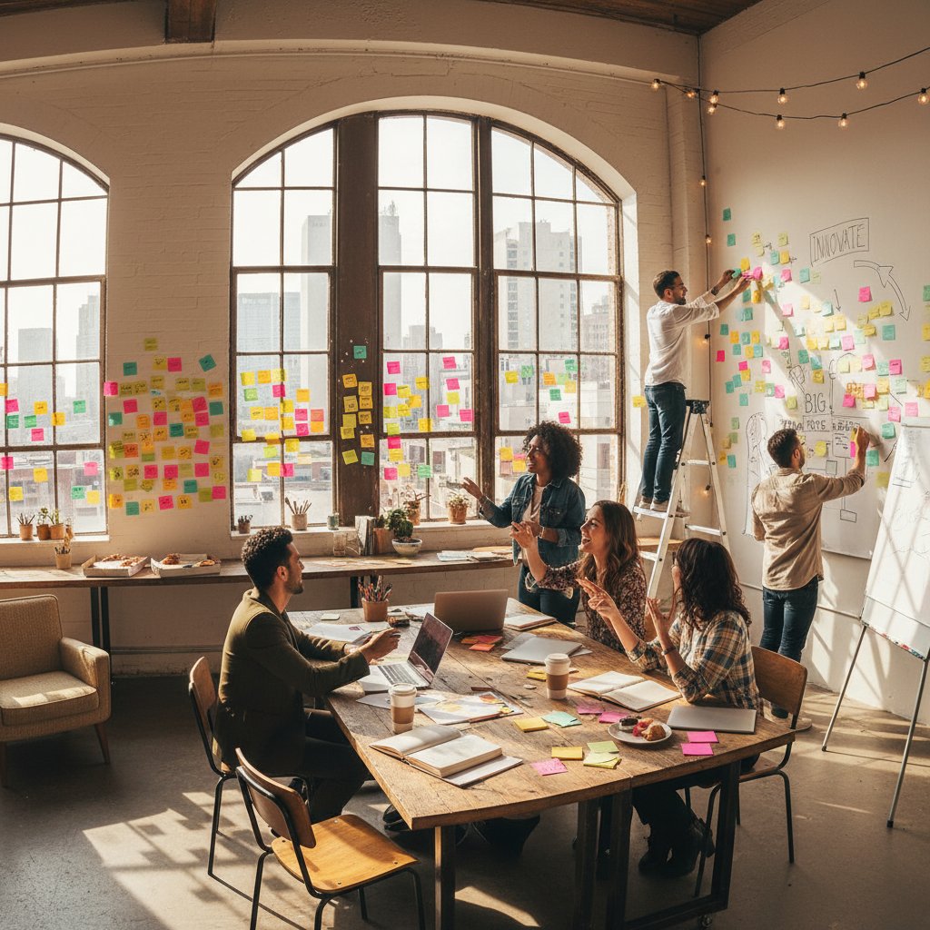 Zespół kreatywny podczas burzy mózgów w loftowym wnętrzu, energia, karteczki, twórczy chaos