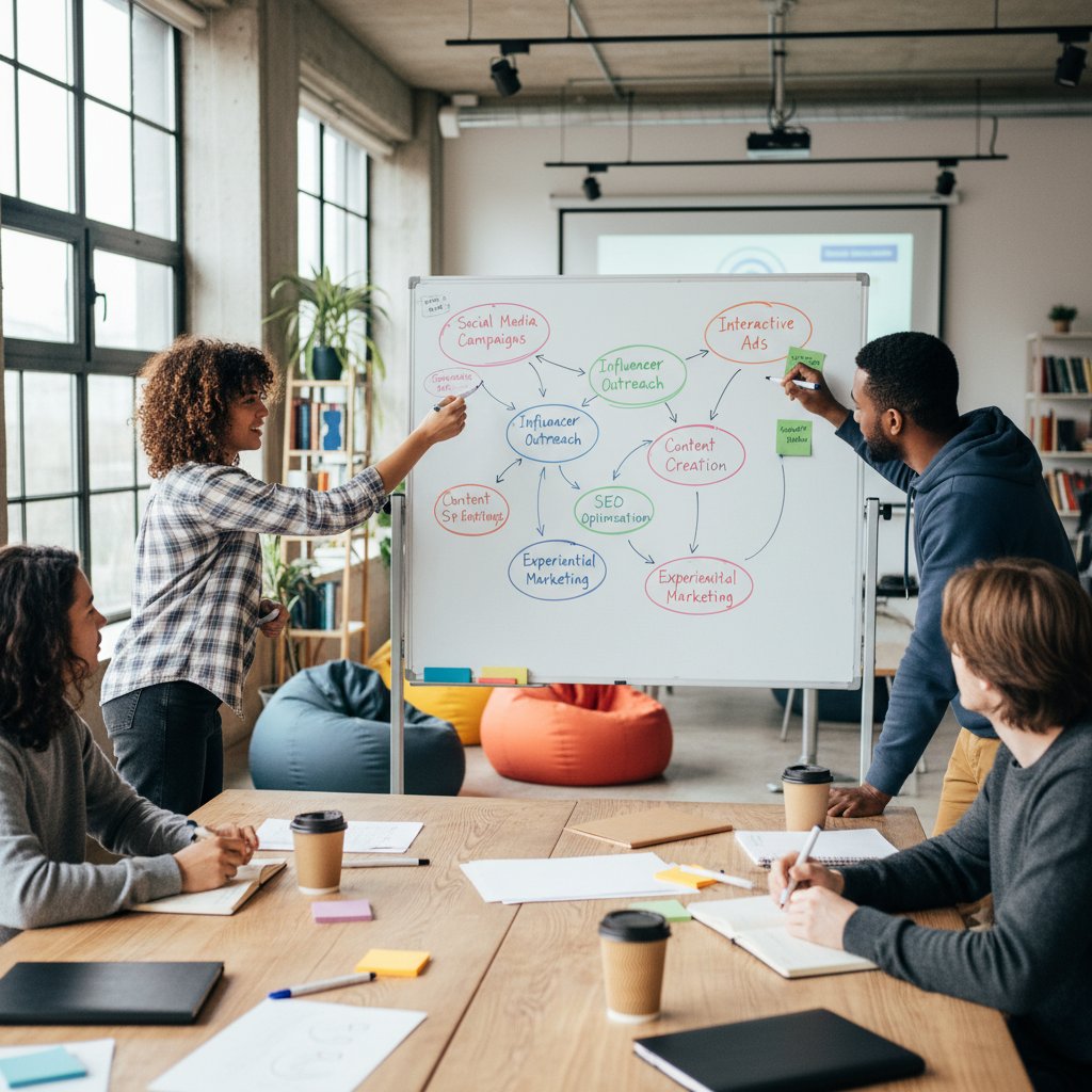 Zespół podczas kreatywnej burzy mózgów, post-ity, dynamiczna wymiana pomysłów