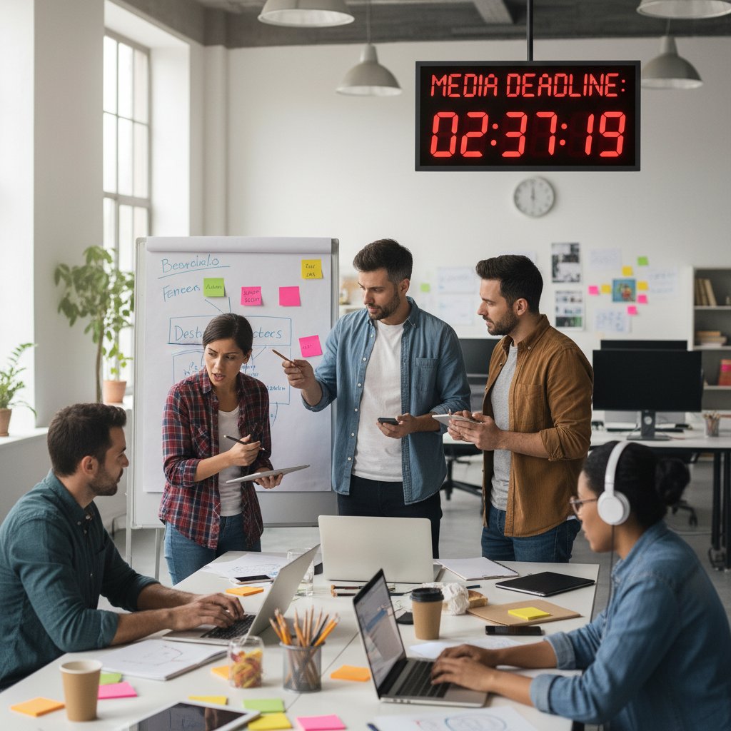 Redakcja kreatywna podczas burzy mózgów przed deadline'em w biurze