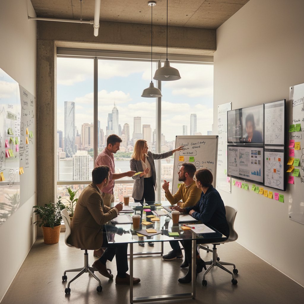 Zespół kreatywny podczas burzy mózgów w nowoczesnym biurze, sticky notes, ekrany, miejski widok