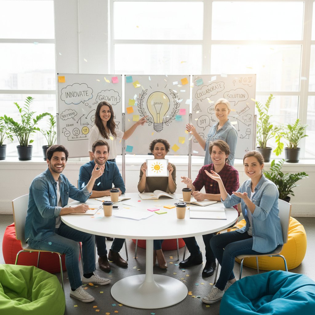 Zespół kreatywny w burzy mózgów, pozytywna energia i zaangażowanie