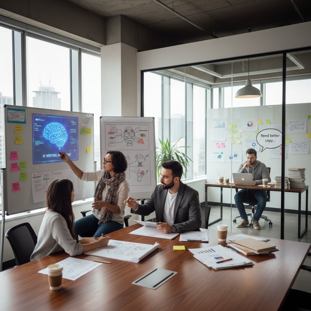 Creative team session contrasted with individual AI writing workflow, showing the difference in process and energy