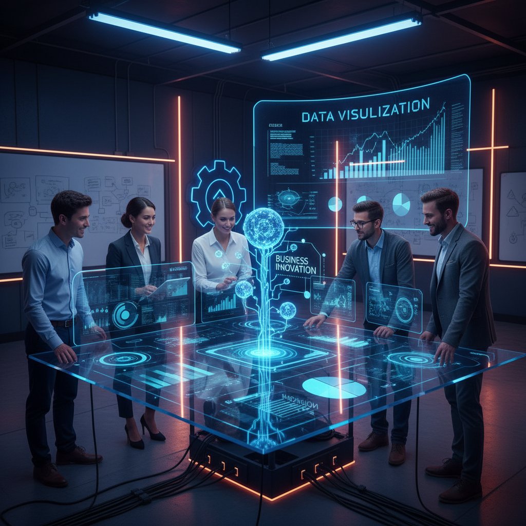 Zespół kreatywny prezentujący pomysły na tle cyfrowych wizualizacji danych