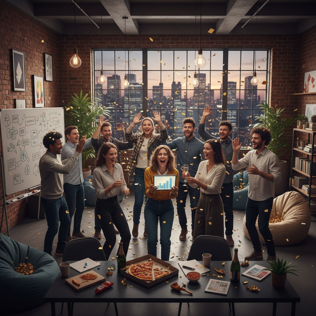 Zespół kreatywny świętujący wspólny sukces w inspirującym biurze