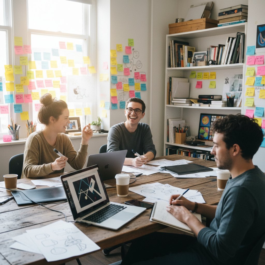 Proces tworzenia kampanii reklamowej wideo — burza mózgów zespołu kreatywnego, kolorowe post-ity