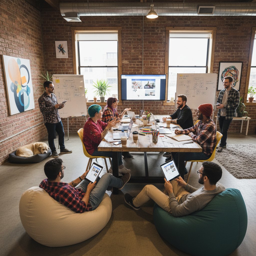 Zespół kreatywny w przestrzeni coworkingowej, praca projektowa, luźna atmosfera