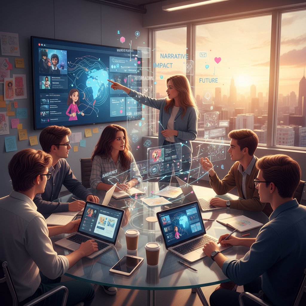 Zespół kreatywny pracujący nad storytellingiem do social media, młodzi ludzie przy komputerach, pomysły na tablicy