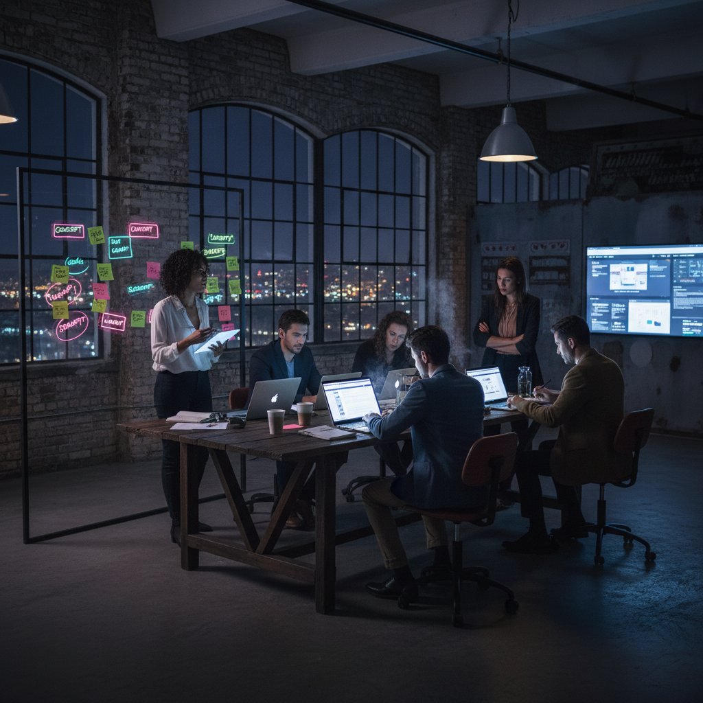 Zespół marketingowy nocą w lofcie, burza mózgów nad oryginalną kampanią, pełne napięcia i inspiracji