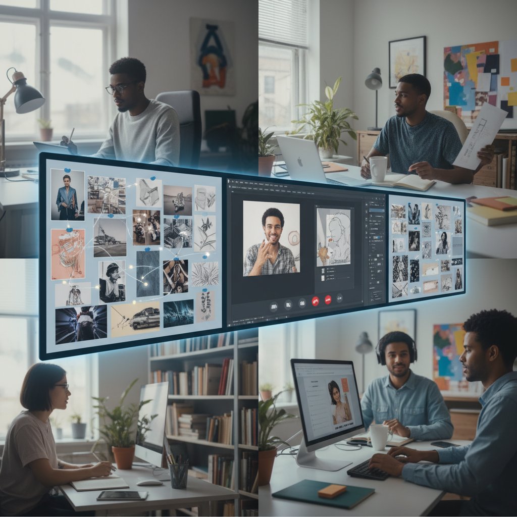 Zespół młodych grafików pracujących zdalnie, ekrany komputerów z otwartym Photoshopem, tablica inspiracji