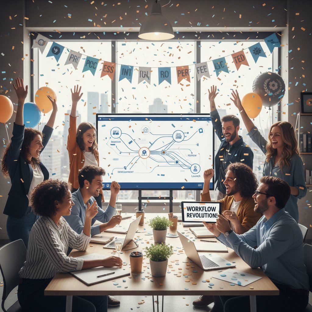 Creative team celebrating successful workflow transformation