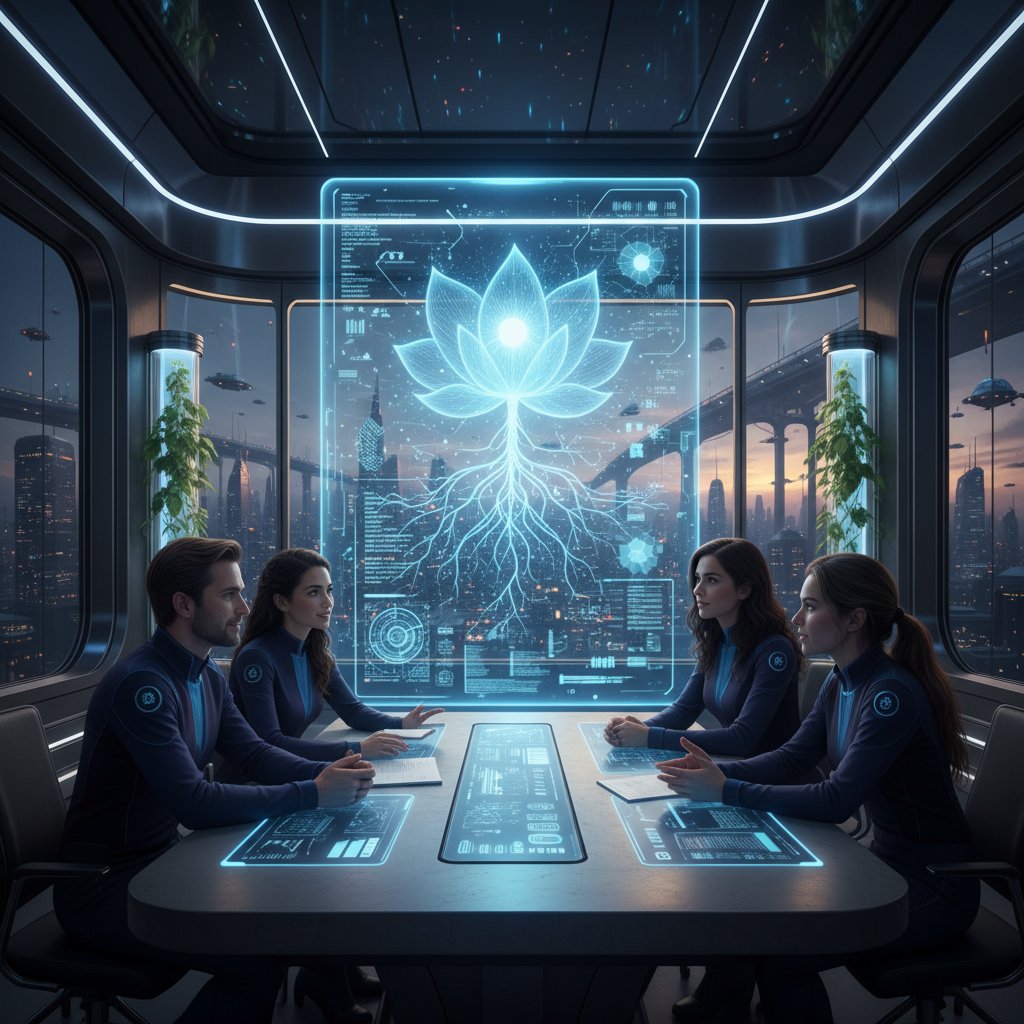 Dyskusja kreatywnego zespołu z AI przy planowaniu opisów produktów w nowoczesnej przestrzeni