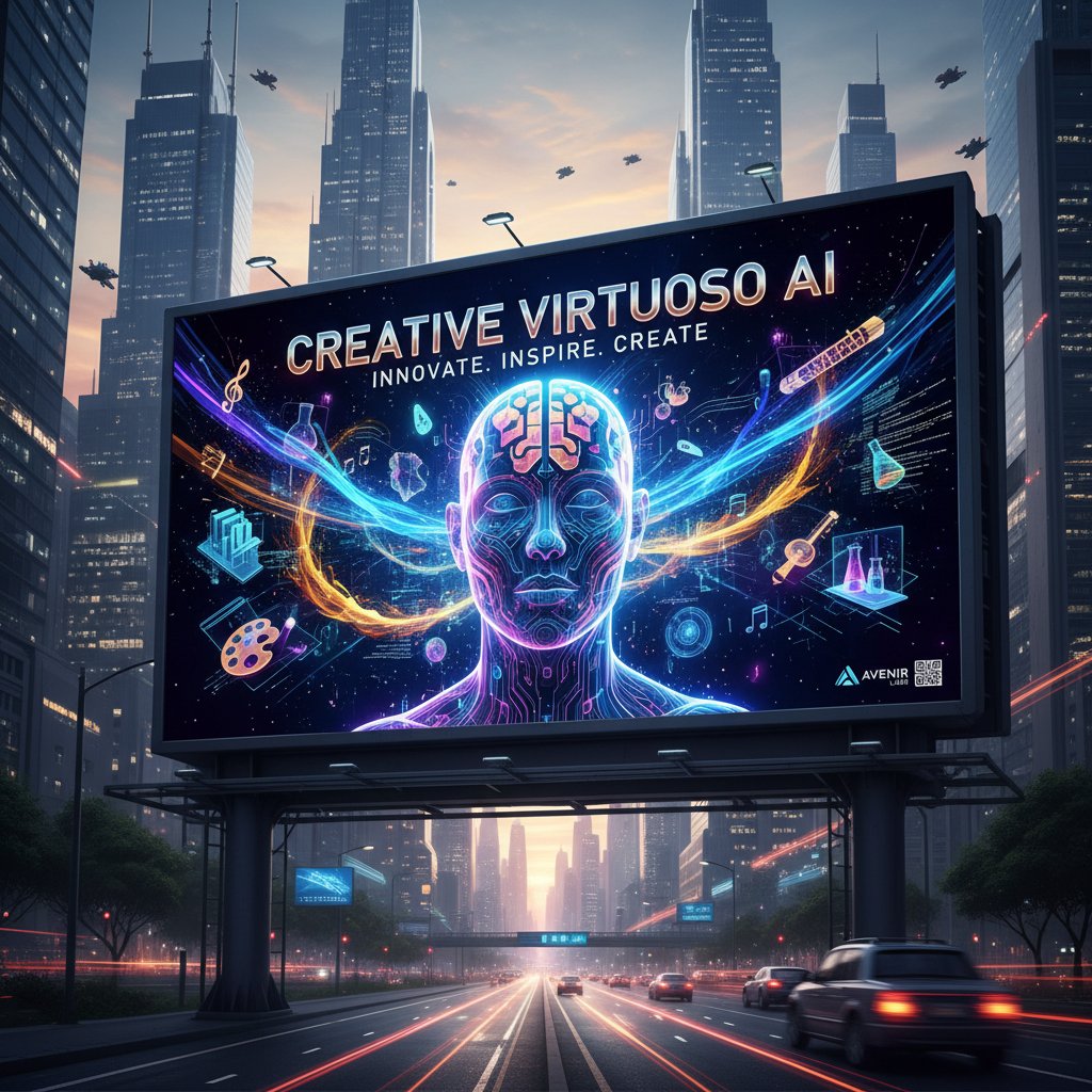 Wirtuoz kreatywności pracuje z AI nad nową kampanią reklamową w stylowym biurze